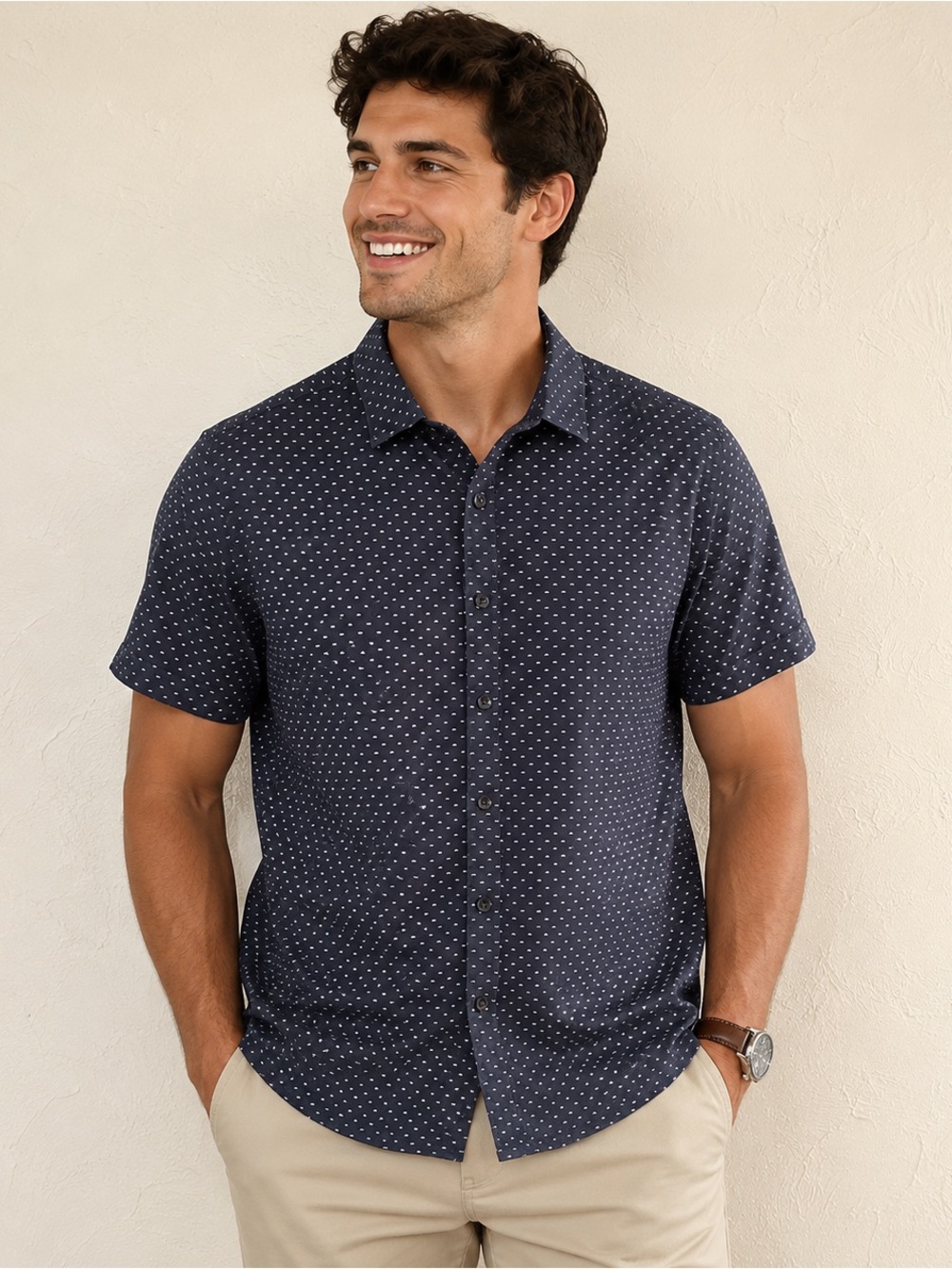WULFUL Men’s Navy Geometric Print Button-Up Shirt | Size S